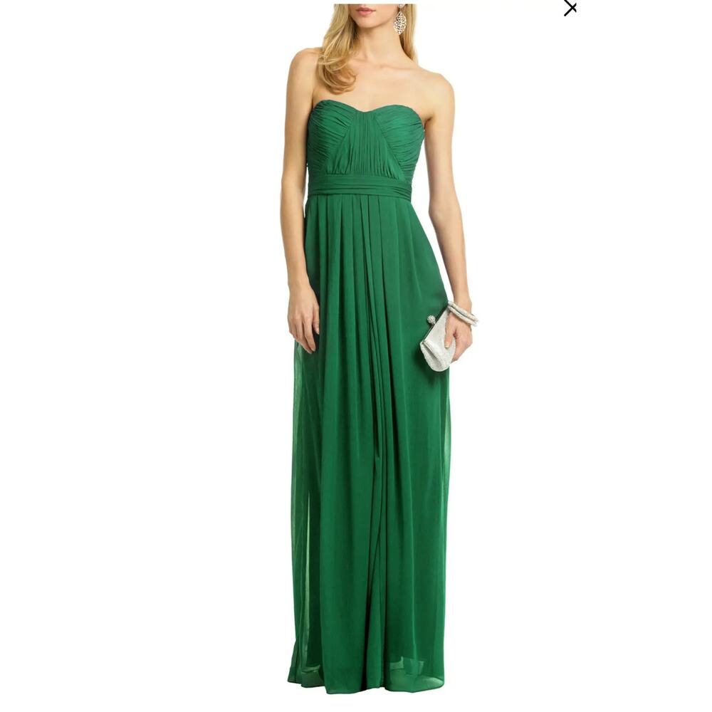 Badgley Mishka green strapless chiffon ruched full length gown
